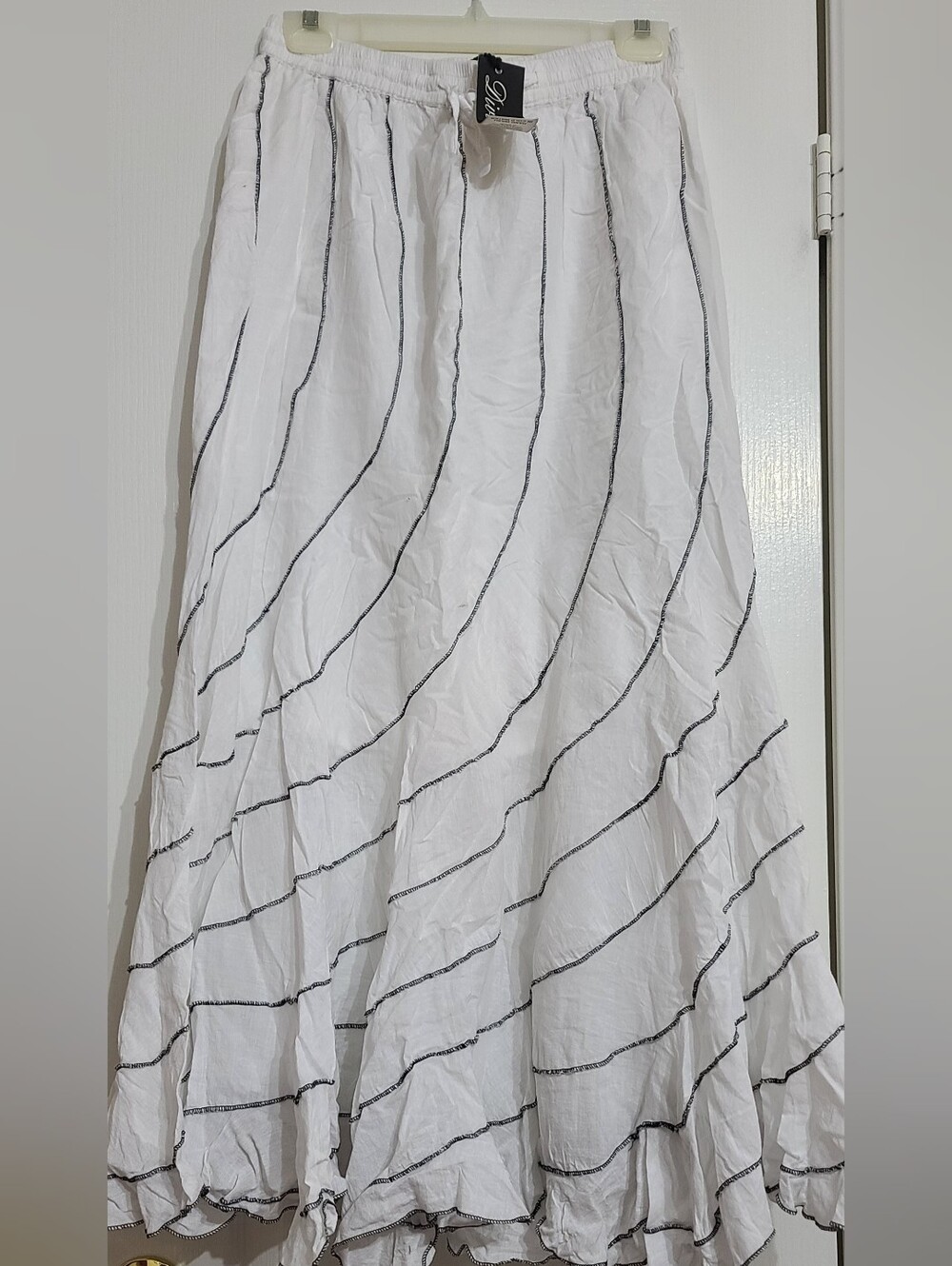 White Tiered Maxi Skirt with Black Stripe Detail